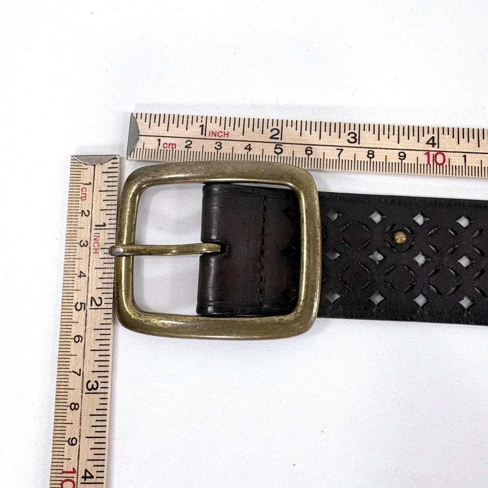 Gap Belt Dark Brown Leather Laser Cut‎ Studded Brass Buckle Wide Women L